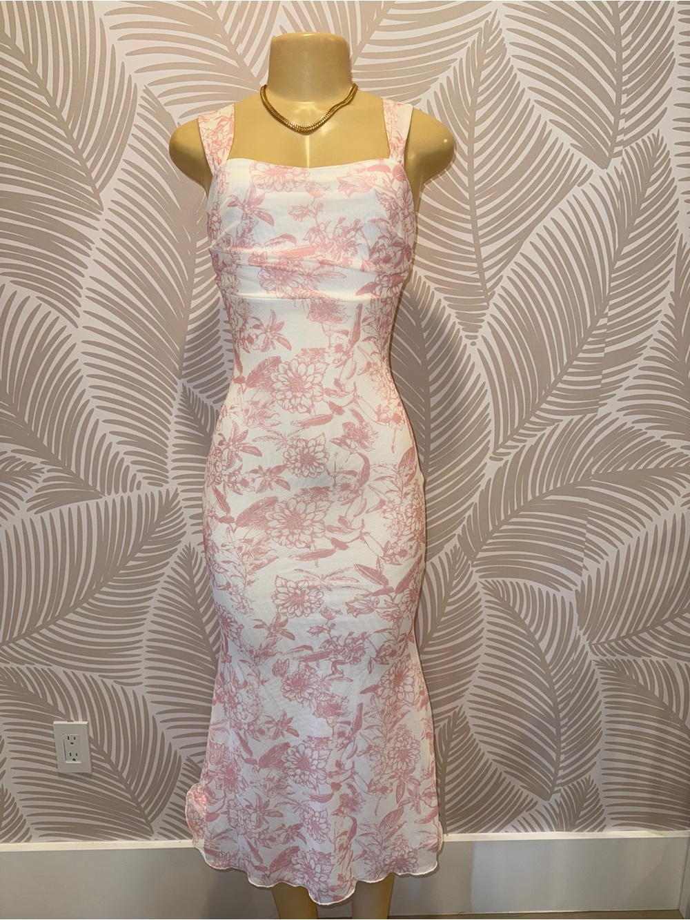 Sleeveless Pink Floral Midi Dress - Elegant Square Neck